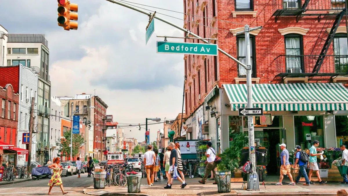 Bedford Avenue in Williamsburg, Brooklyn showing the vibrant street scene with historic buildings and shops